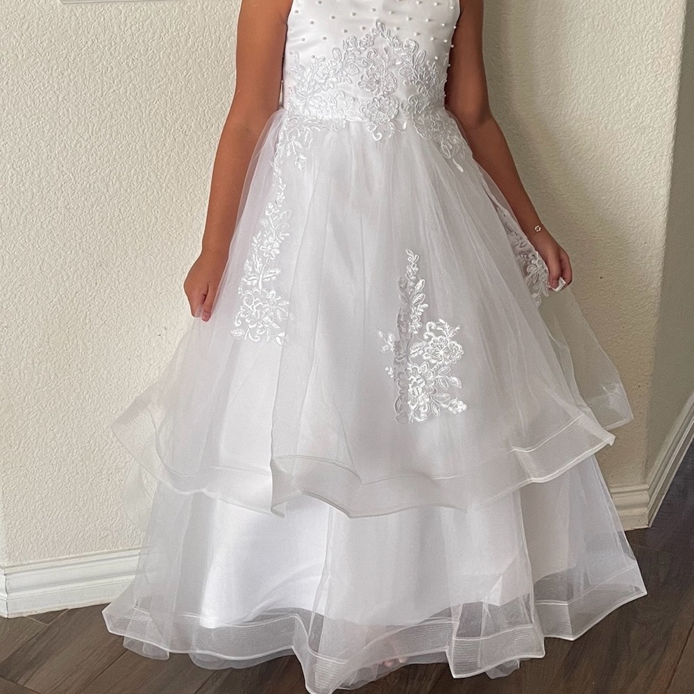 White Floral Applique Tulle Girls' Dress